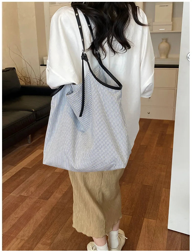 Casual Stripe Canvas Lightweight Shoulder Tote Bag for Women