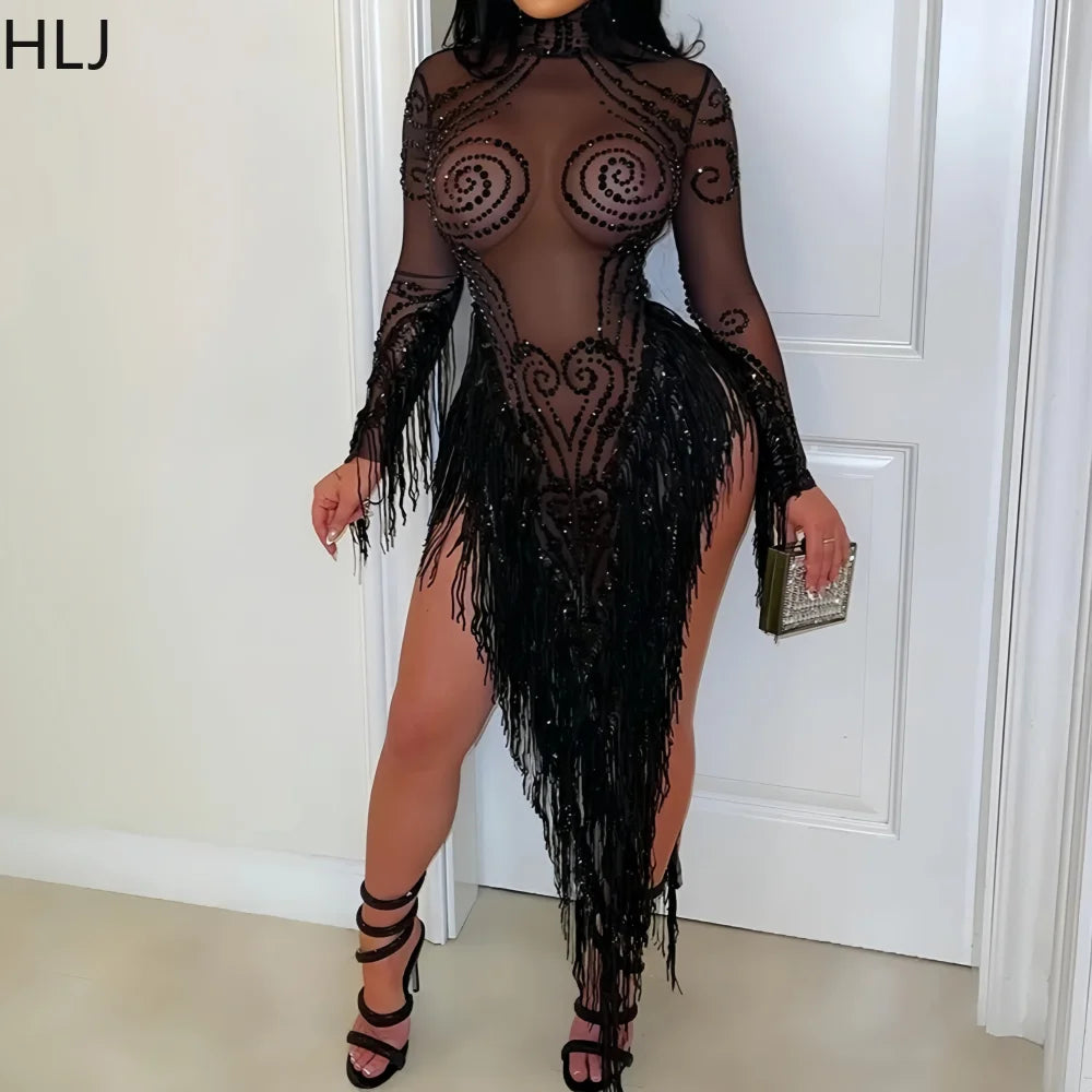 Rhinestone Mesh Tassel Bodycon Mini Dress for Women