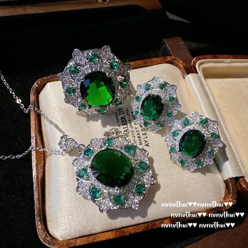 Oval Green Cubic Zirconia Sterling Silver Jewelry Set for Women
