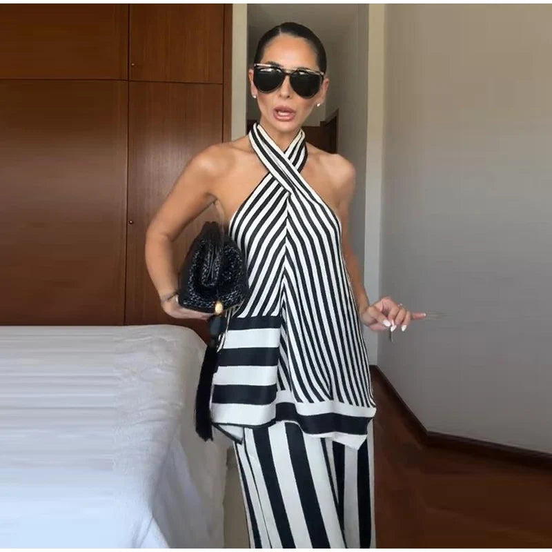 Striped Criss Cross Halter Two Piece Wide Leg Pants Set For Women