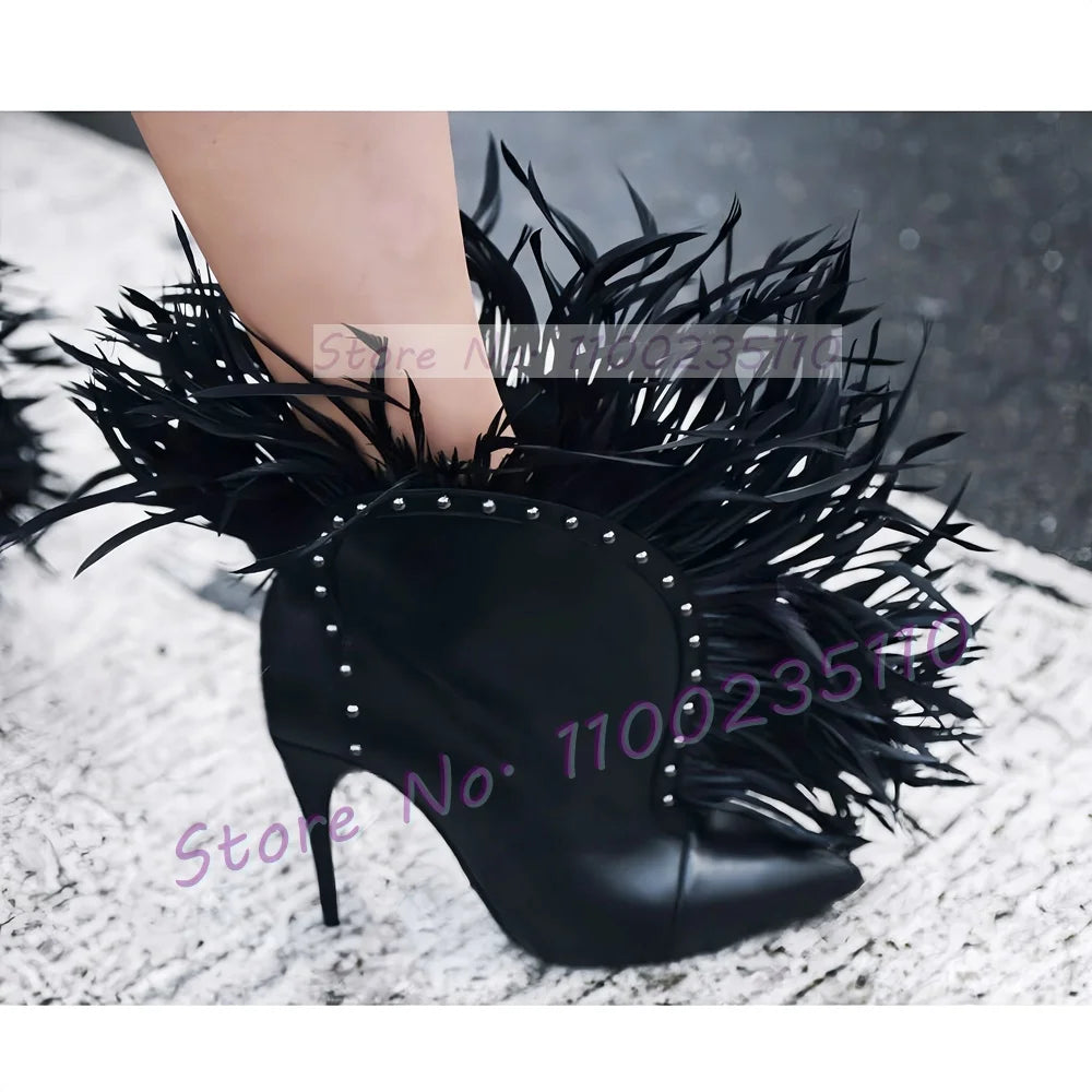 Feather Trimmed Leather Pointy Toe Ankle Boots For Women