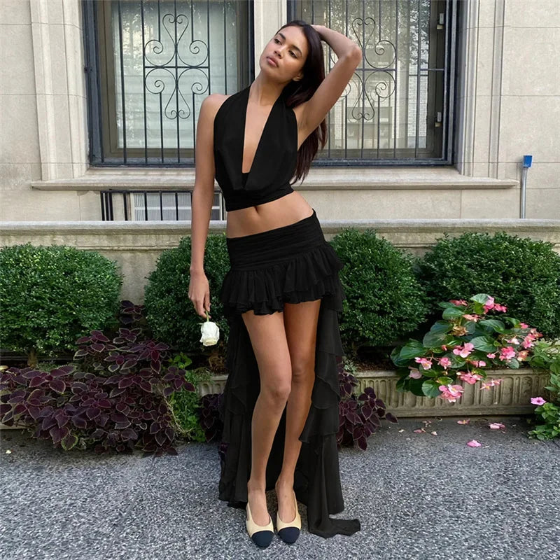 Woman Clothing 2 Pieces Set Dresses Backless Halter Top and Ruffle Long Skirt Elegant Summer Vacation Outfits P94-DH38