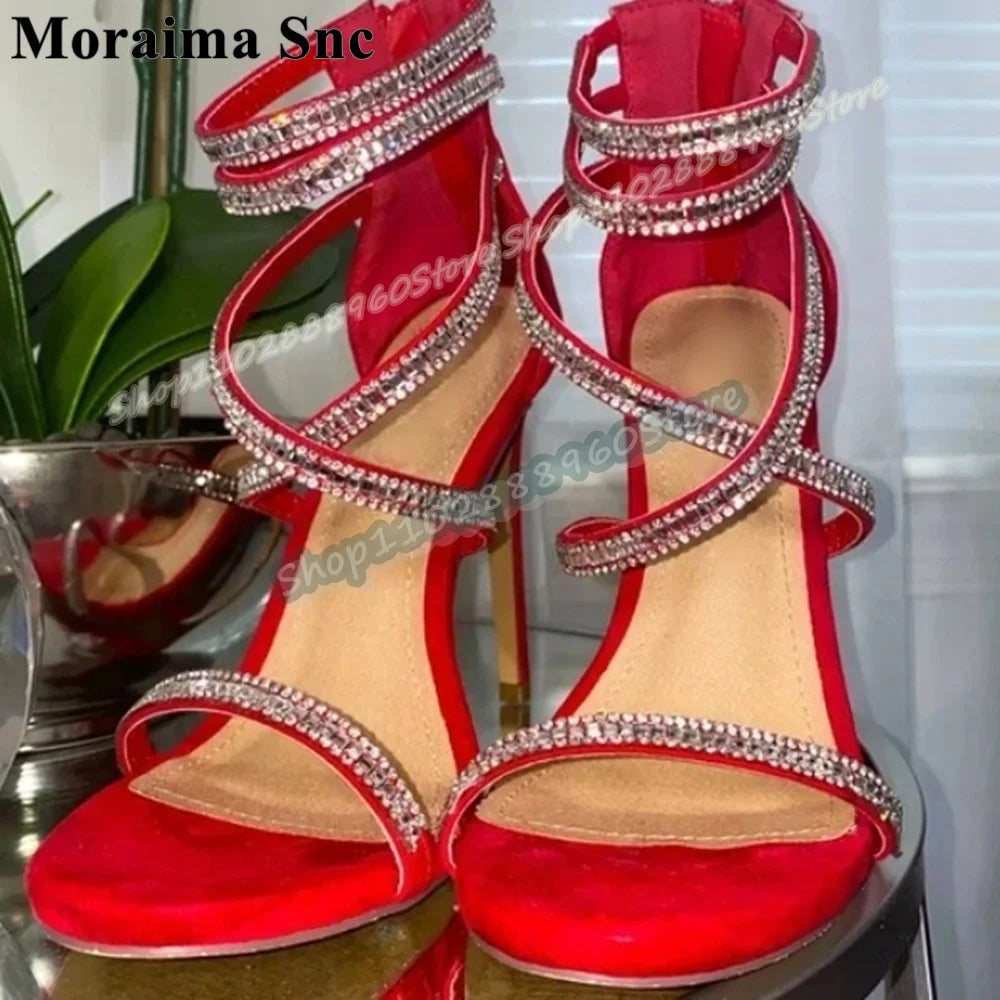 Sparkling Red Crystal Strap Open Toe Stiletto Sandals For Women