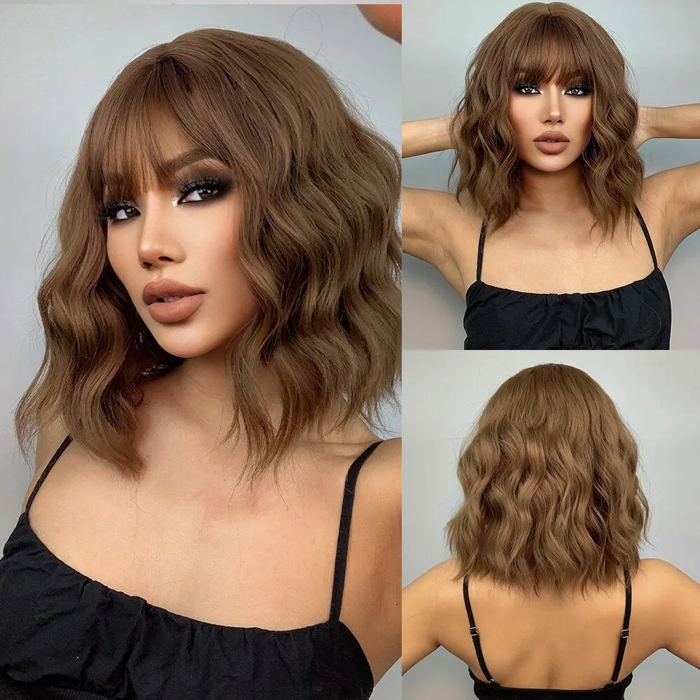 Heat Resistant Short Wavy Bob Wig With Bangs for Women