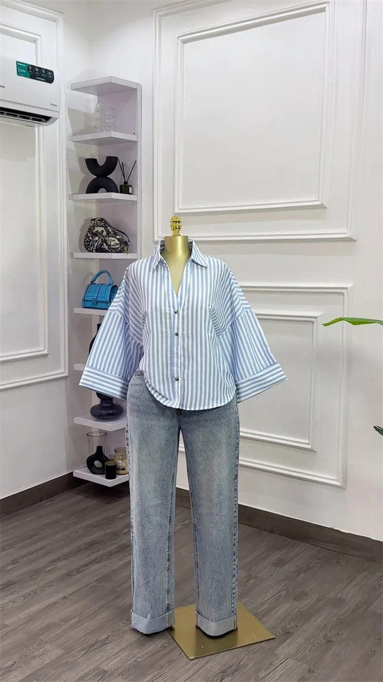 Striped Long Sleeve Turn Down Collar Blouse Shirt for Women