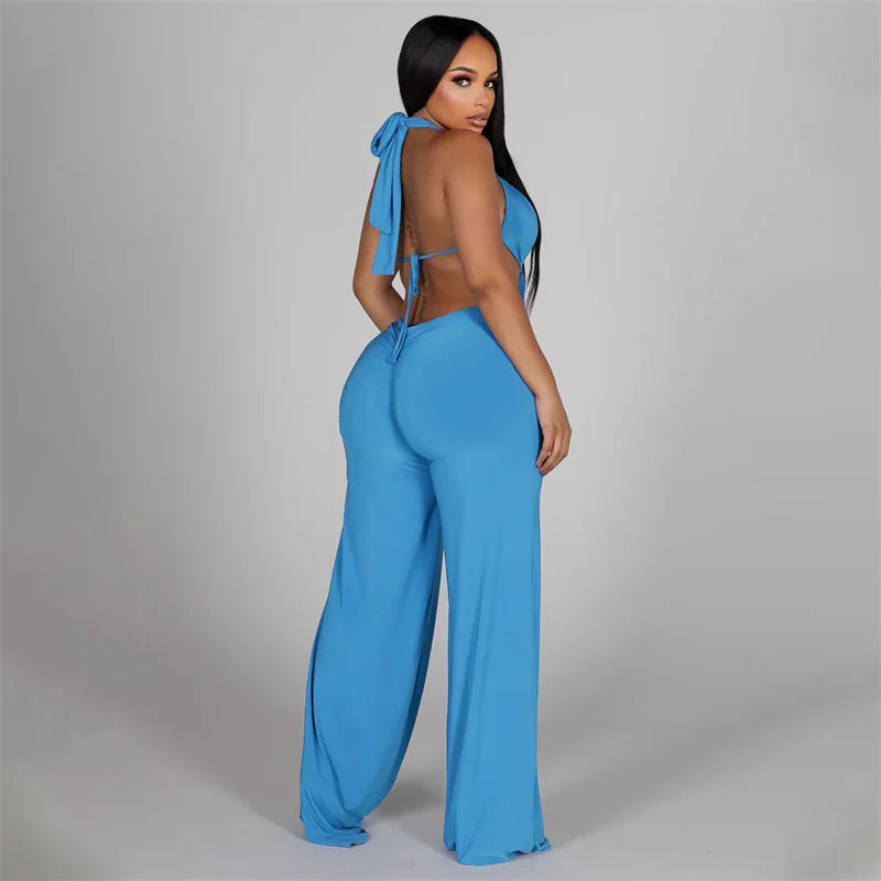 Metal Ring Bandage Hollow Out Halter Backless One Piece Jumpsuit for Women