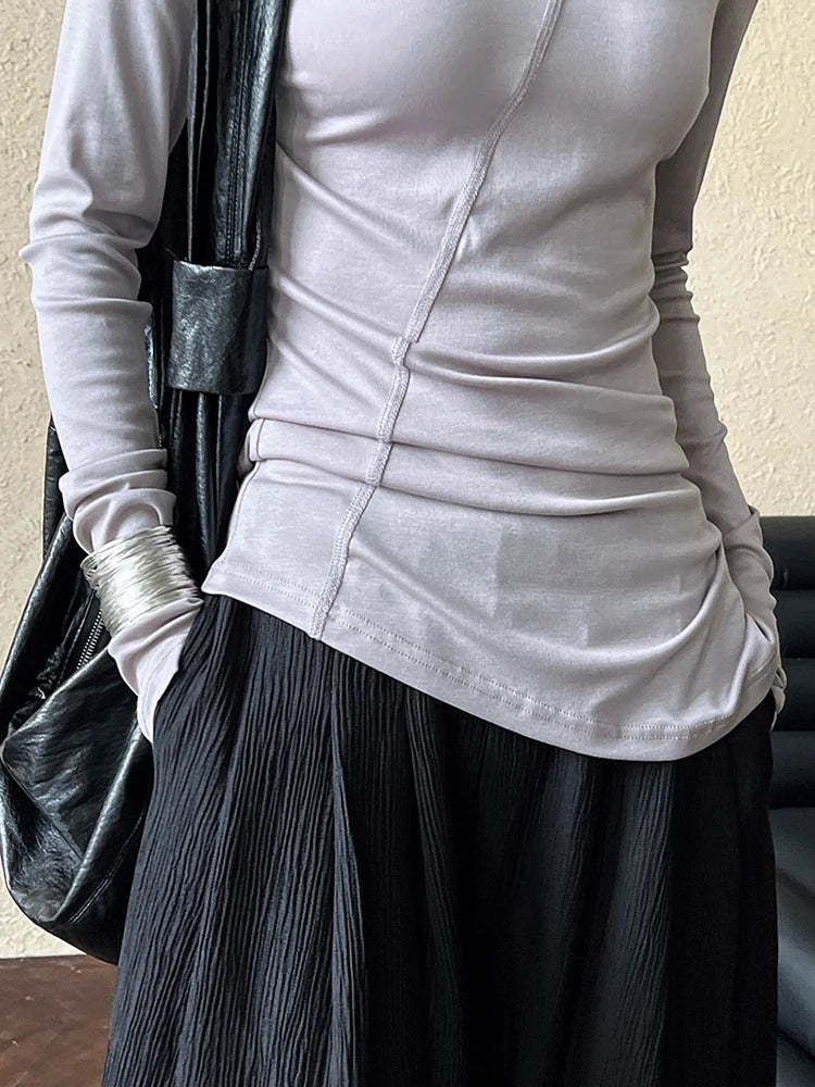 [EAM] Women Gray Thin Perspective Slim Irregular T-shirt New Round Neck Long Sleeve Fashion Tide Spring Autumn 2025 1DH9981