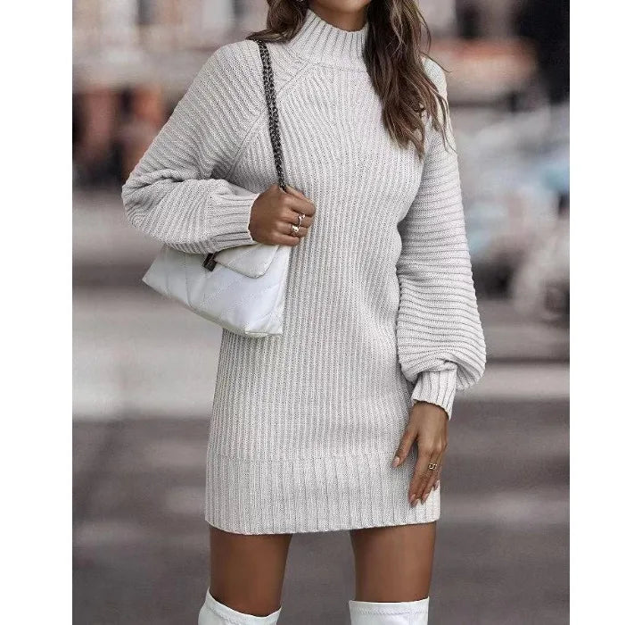 White Knit Lantern Sleeve Dress