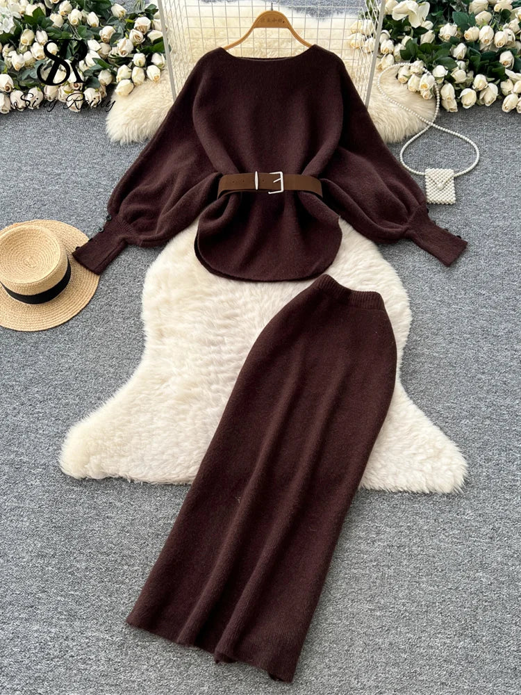 Batwing Sleeve Knit Top and High Waist Skirt Set for Women