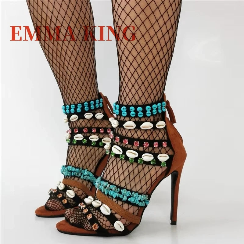 Crystal Shell Decor Stiletto Sandals for Women Party Footwear
