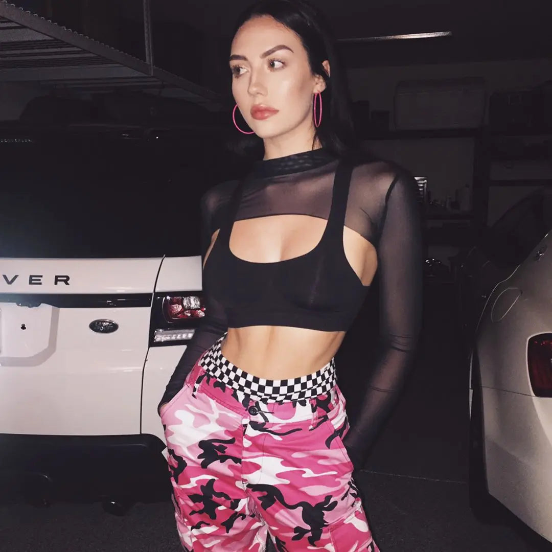 Sexy Women Crop Top Mesh Sleeve T-Shirt Sexy Tops Hollow Out Transparent Tops Ladies T Shirt Black Top Casual T-shirt Tee Shirts