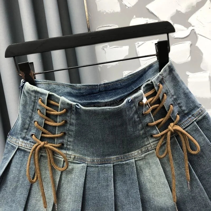 Pleated Skirt Girls Spring Summer New High Waisted Cowboy Short Korean Versatile Elastic Waist Fashion Sweet 2024