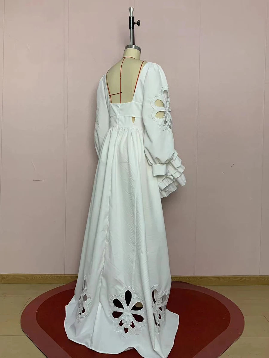 White Floral Cutout Puff Sleeve Gown With Asymmetric Train for Women