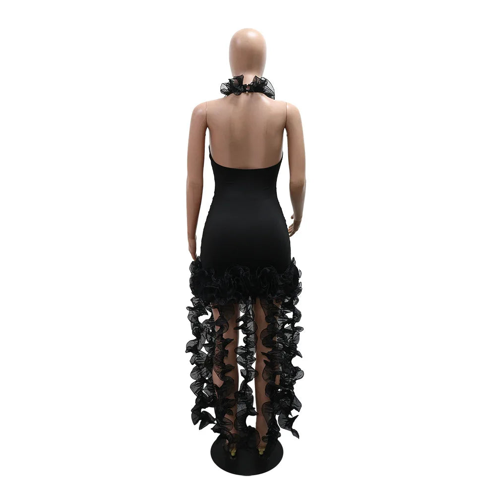 Elegant Patchwork Ruffle Halter Neck Long Dress for Women