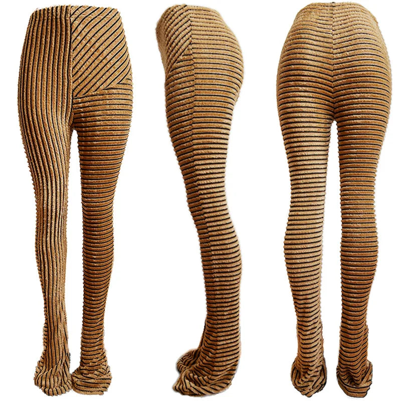 FAGADOER Stripe Plush Stacked Pants Women Casual Solid Color Fur Patchwork Flare Trousers Y2K Female Streetwear Bottoms 2025 New