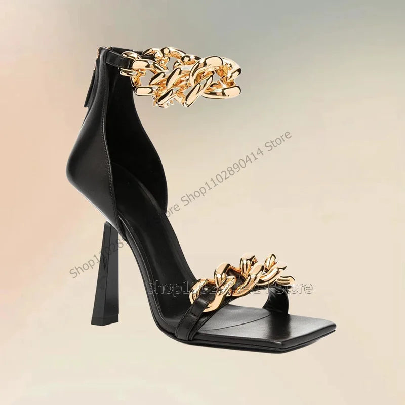 Snakeskin Print Gold Chain Decor Open Toe Sandals for Women