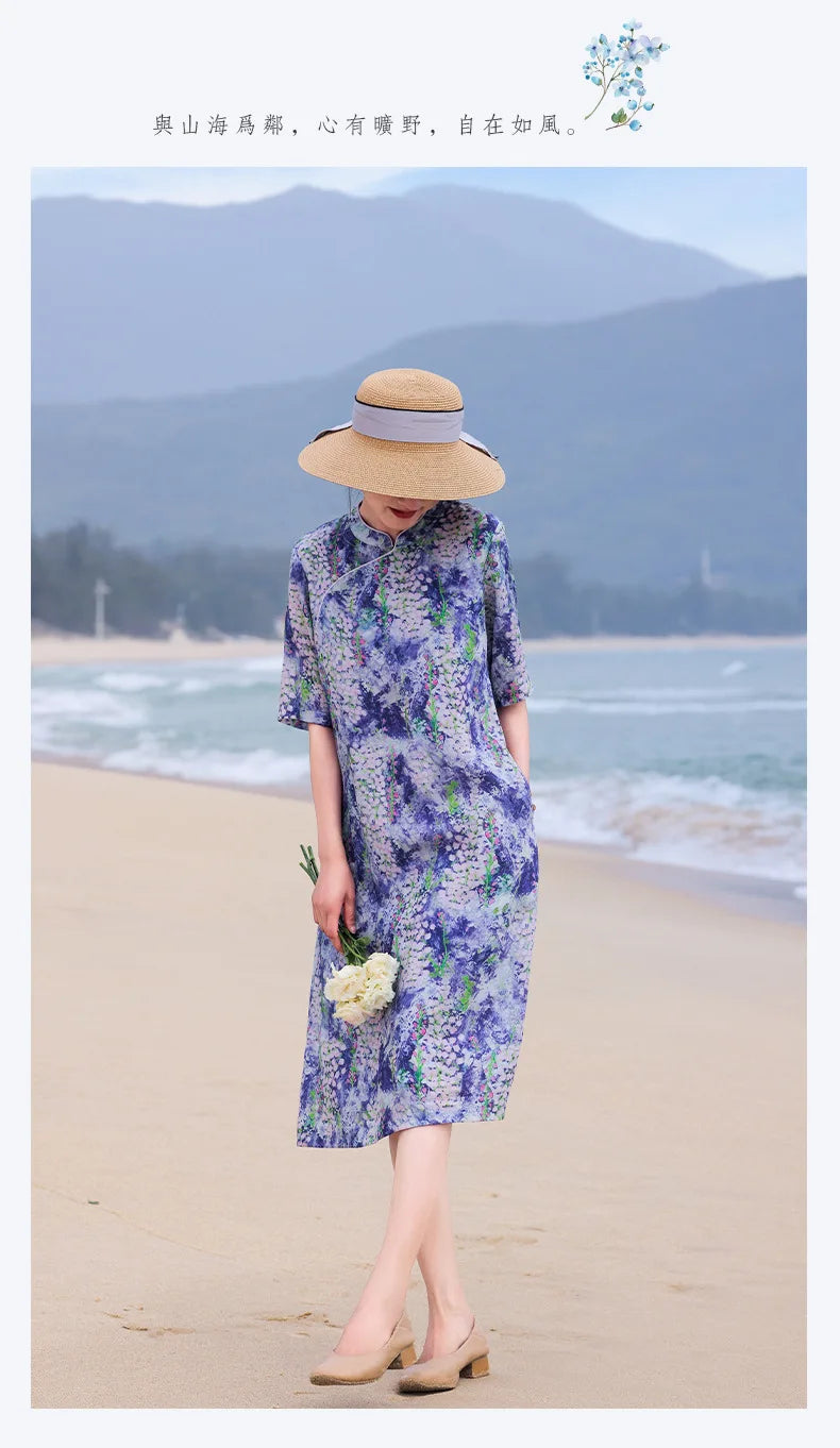 Casual Mandarin Collar Vintage Print Ramie Dress for Women