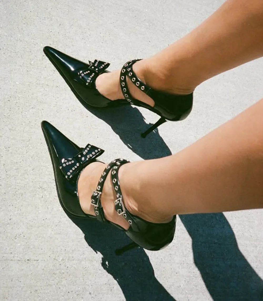 Black Studded Bow Patent Leather Pumps