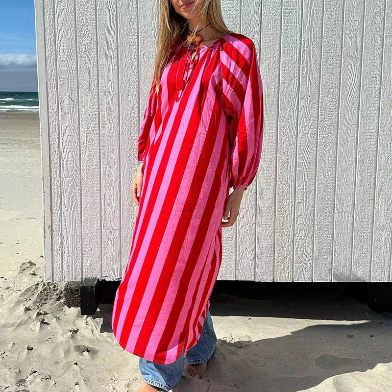Elegant Striped V Neck Long Sleeve Maxi Dress for Women
