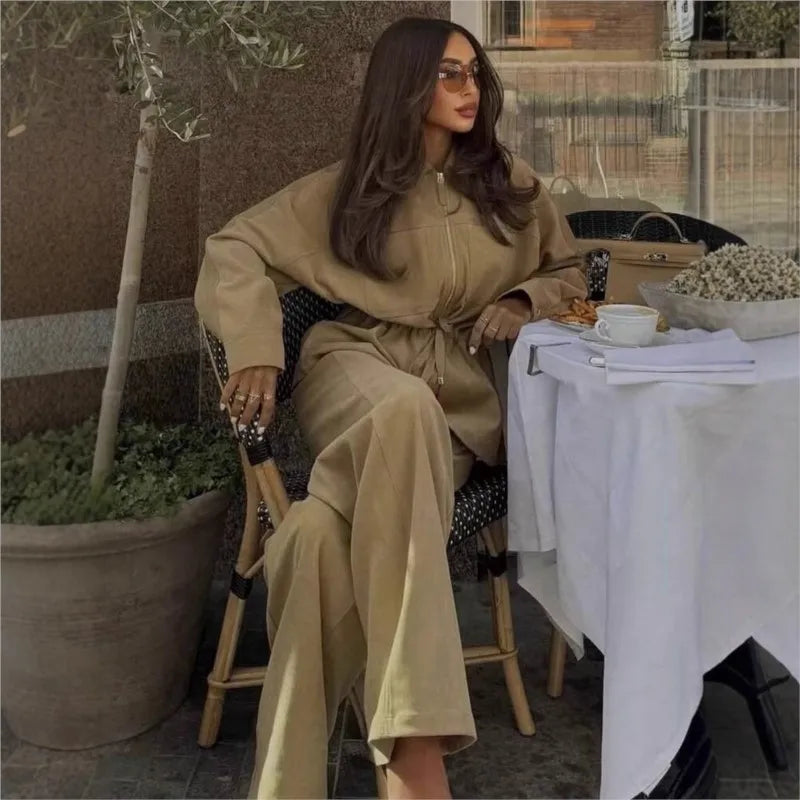 Casual Lapel Jacket And Drawstring Pants Set for Women