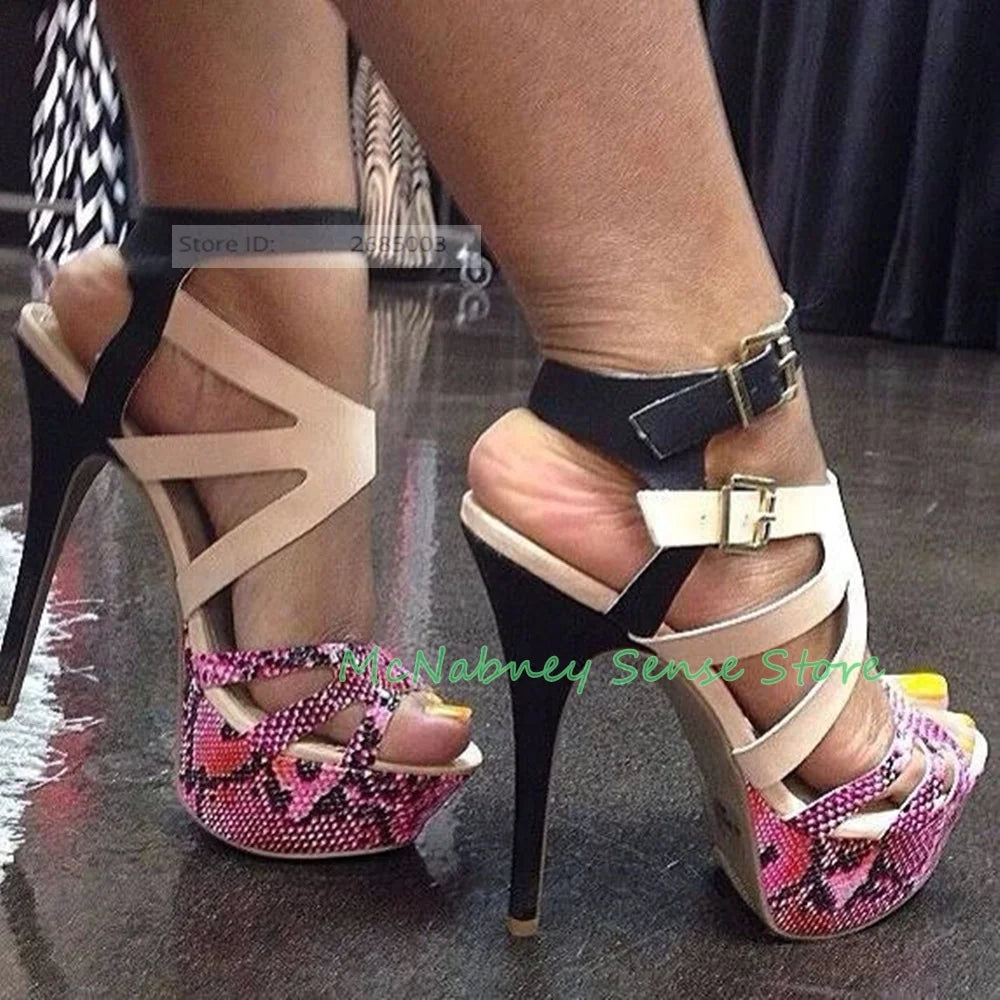 Snakeskin Color Block Peep Toe Platform High Heel Sandals for Women