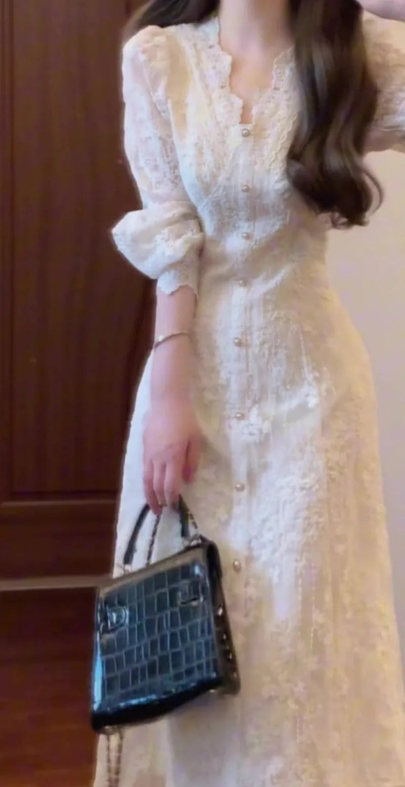 Elegant Lace Embroidered A-Line Dress with Long Sleeve for Women