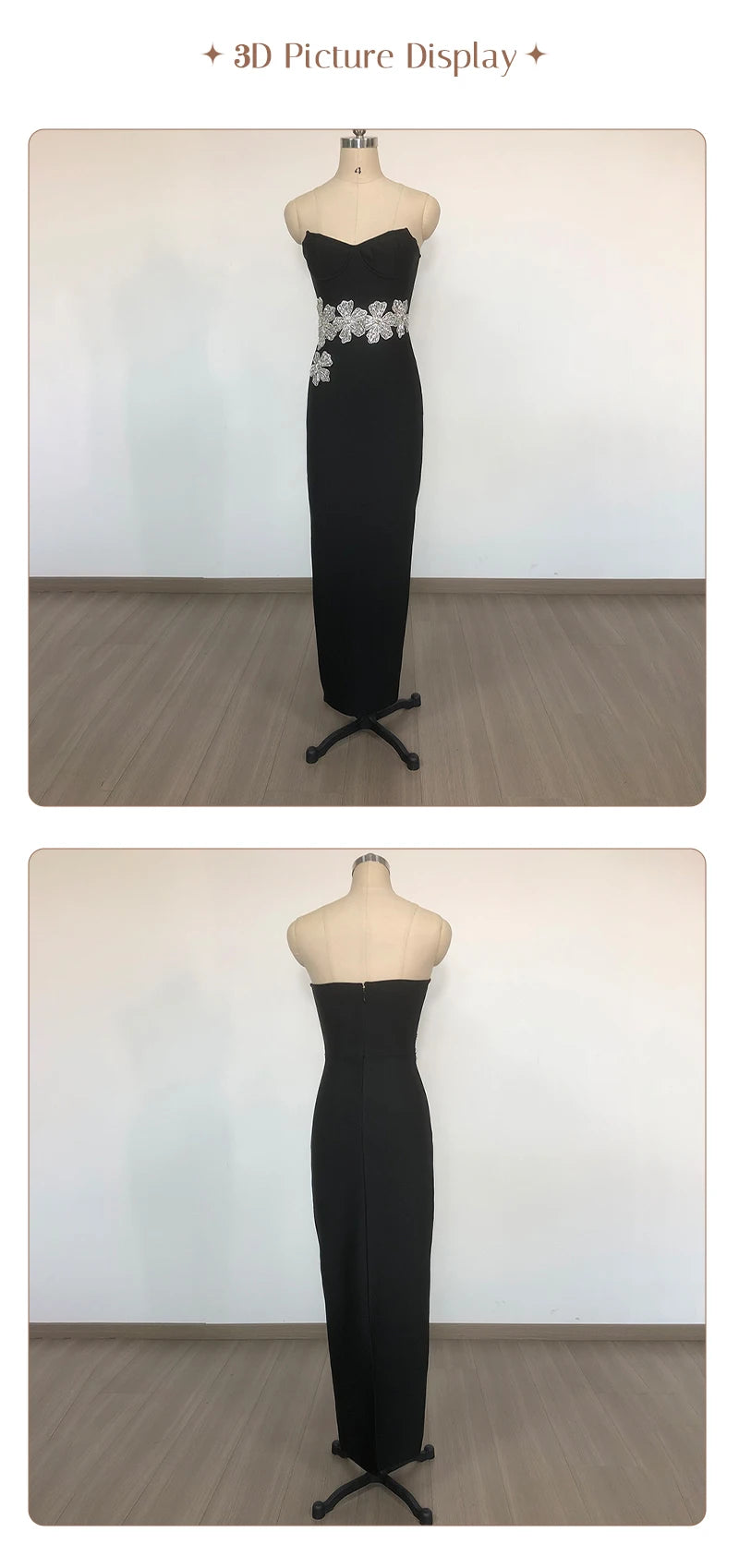 Strapless Crystal Flower Embellished Bodycon Maxi Dress for Women