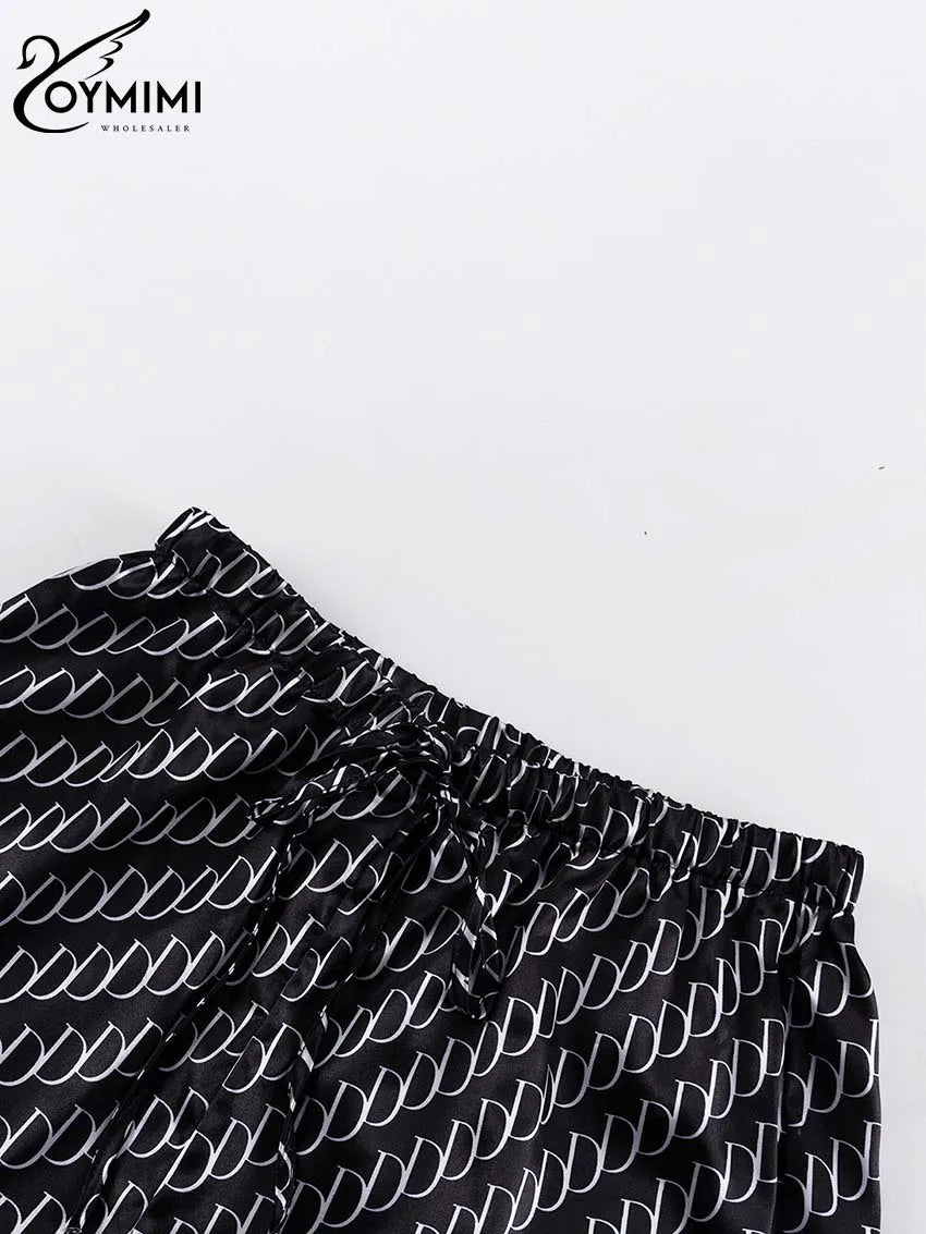 Oymimi Fashion Black Print Womens 2 Piece Outfit Set Elegant Lapel Long Sleeve Shirts And High Waisted Lopse Straight Pants Sets