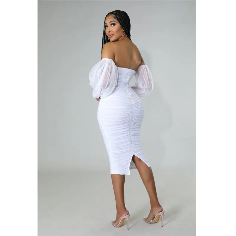 Sexy Off Shoulder Mesh Lantern Sleeve Bodycon Midi Dress for Women Elegant Party Club Night Ruched Formal Pencil Dress Vestidos
