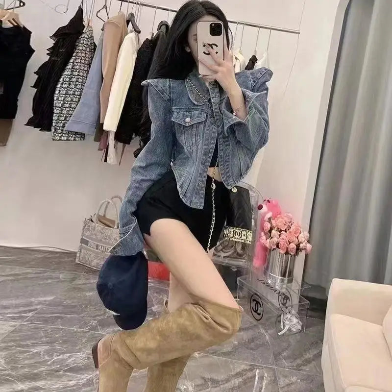 Vintage Inspired Turn Down Collar Cropped Denim Jacket for Women