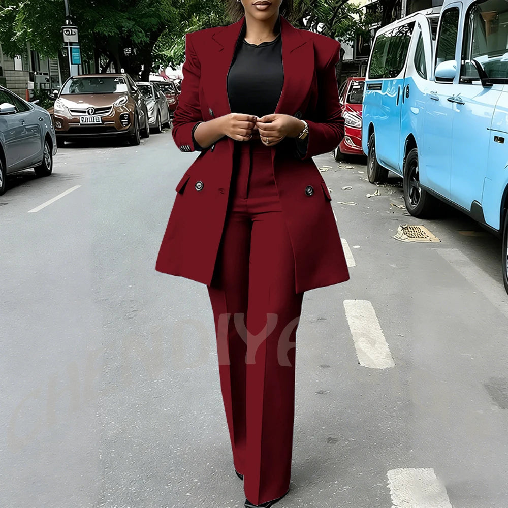 High Quality Women Suits Double Breasted Straight Formal 2 Piece Jacket Pants Peak Lapel High Street Daily Office Casual Suit