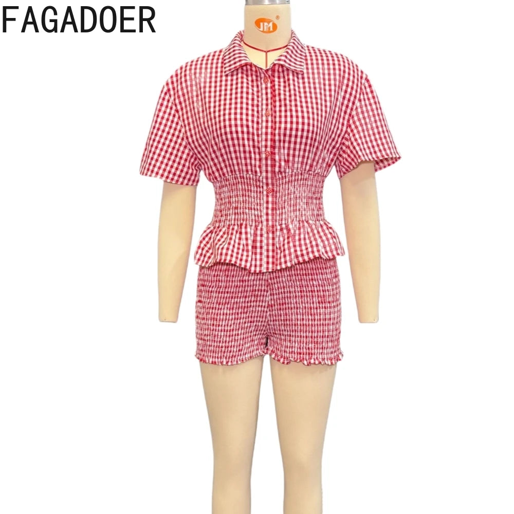 FAGADOER Casual Red Plaid 2 Pieces Set for Woman Short Sleeve Ruffle Patchwork Shirts and Shorts Outfit Female Streetwear New