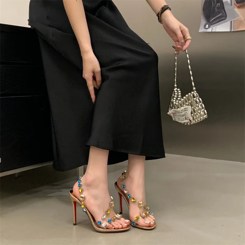 Multicolor Rhinestone Ankle Strap Stiletto Heels for Women