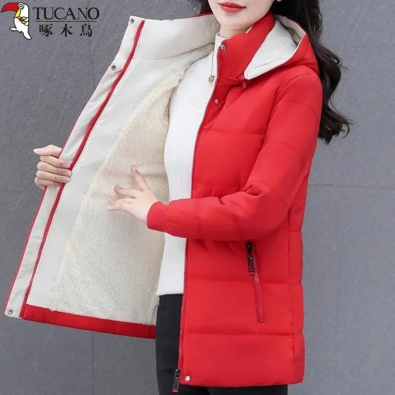 Detachable Hooded Parka Windproof jacket Female's winter jacket plush and Thickened High-End Women's Short Cotton Coat Patchwork