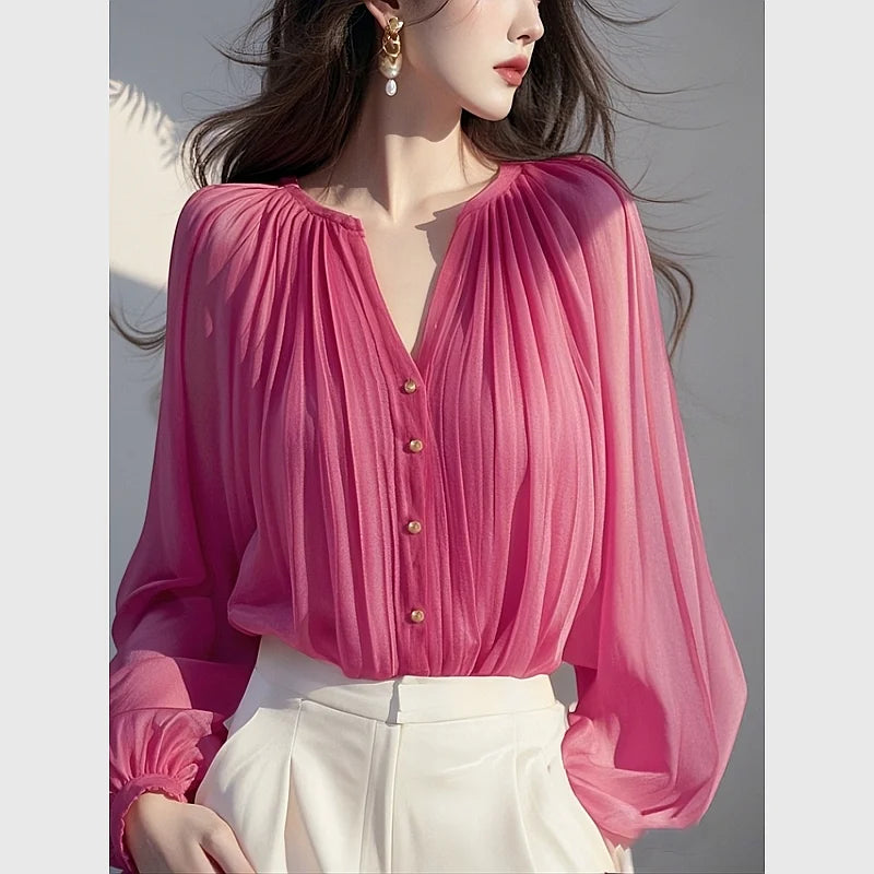 Charming Rose Red Chiffon Button Front Blouse For Women