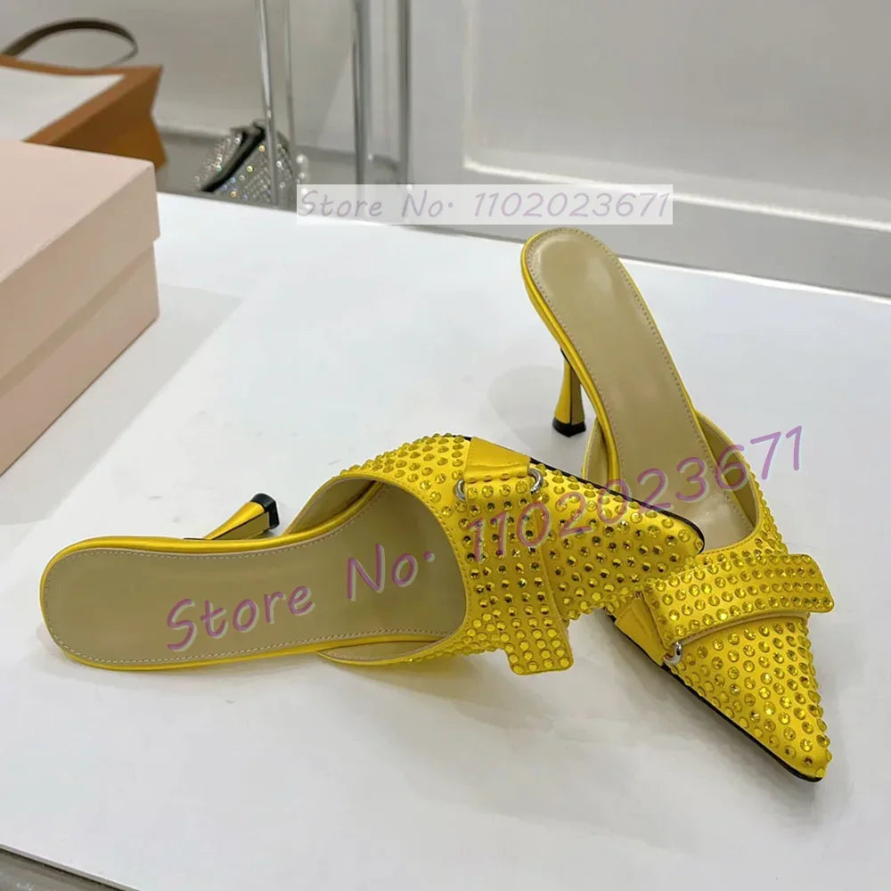 Full Rhinestones Satin Point Toe Slippers Women Sweet Solid Heels Knotted Slippers Elegant Shiny Crystal Custom Color Shoes