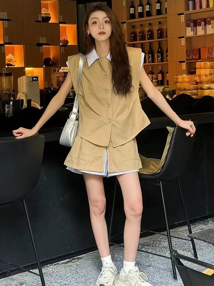 Summer Fashion 2025 Retro Stripe Splicing Women's Short Sets 2 Pieces Casual New Luxury Outfits Novelties Light Female Shorts