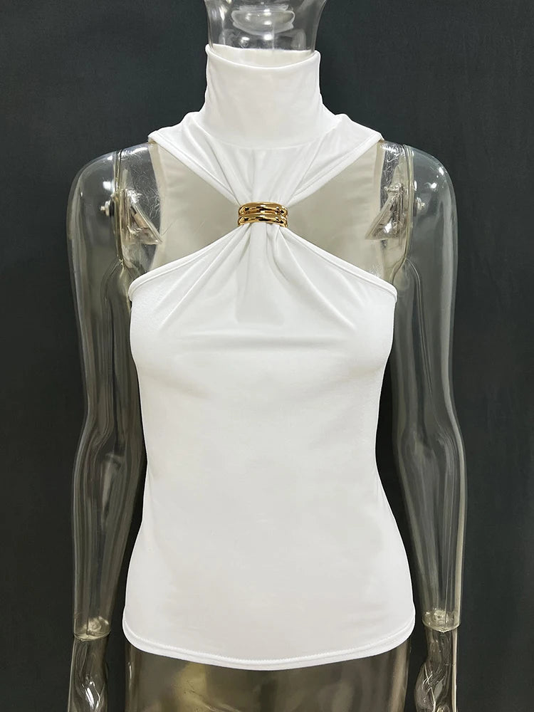 TARUXY Gold Ring Sleeveless Off-shoulder Top Female High Elasticity Fashion Slim Camis Streetwear 2025 New Summer Lady T shirt