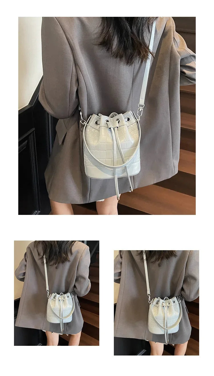2025 New Trendy Women's Drawstring Tote Bag - Vintage Stone Texture Crossbody Satchel with Retro Minimalist Design