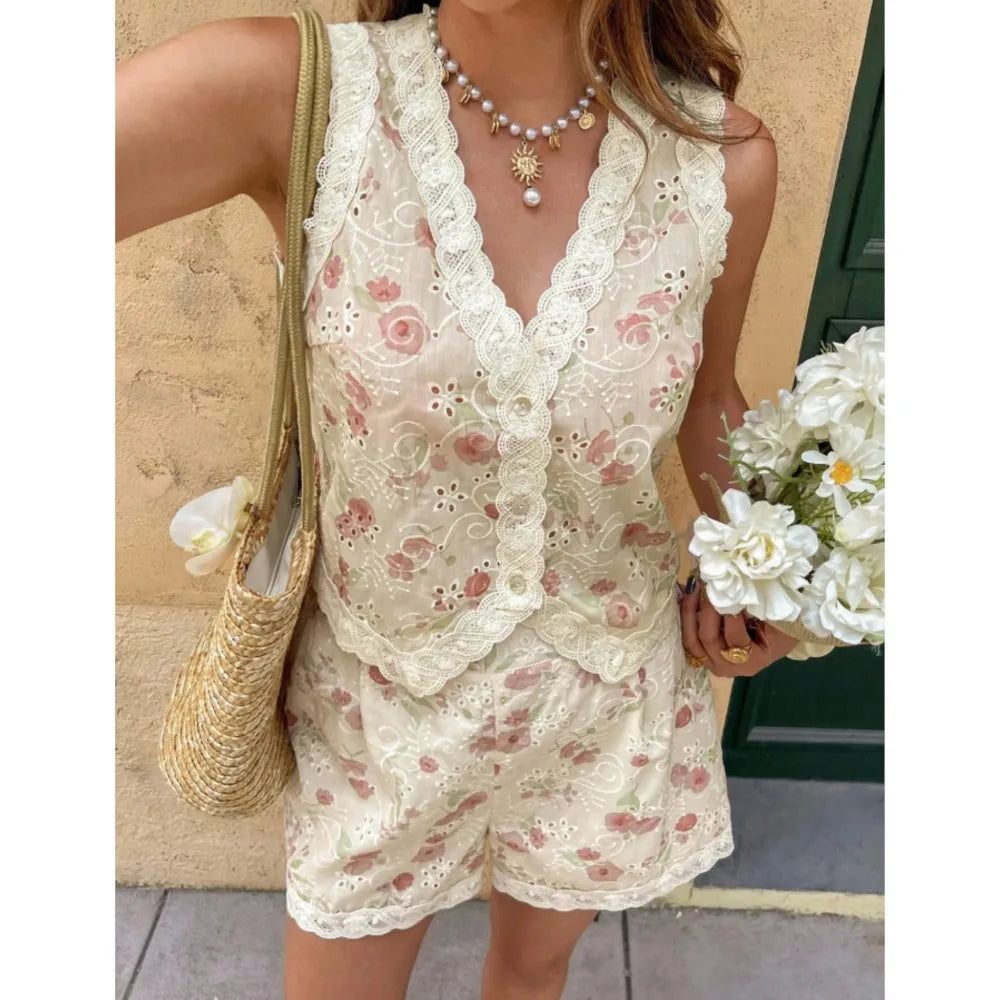 Lace-Trimmed V-Neck Printed Hollow Vest Top and Shorts Set for Women