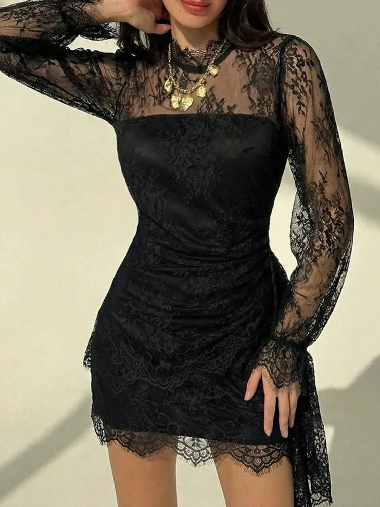 Pleated Waist Lace Embroidered Mini Dress for Women