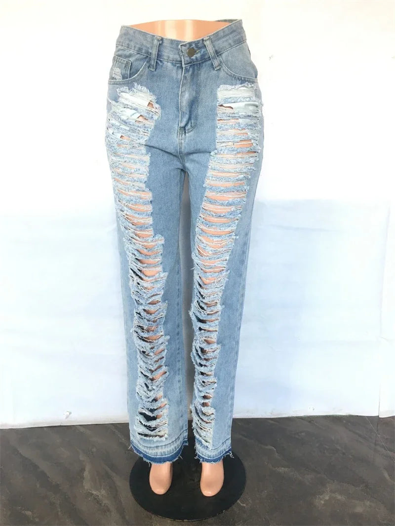 High Waist Ripped Straight Leg Summer Jeans for Women