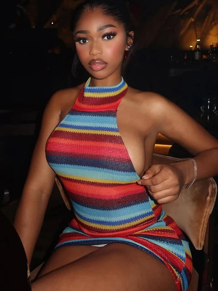 Striped Halter Backless Bodycon Mini Dress for Women