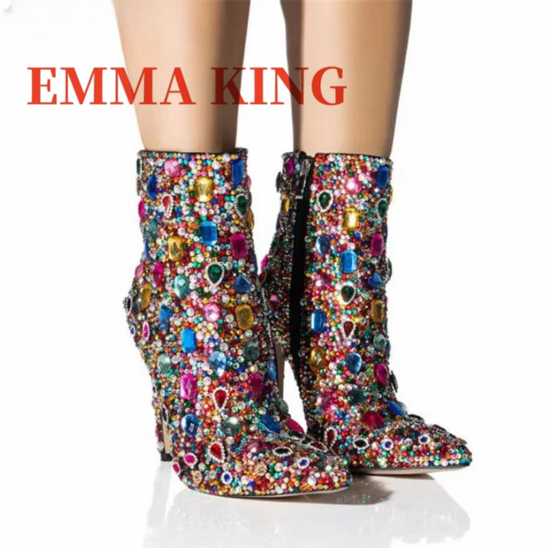Multicolor Rhinestone Stiletto Ankle Boots For Women