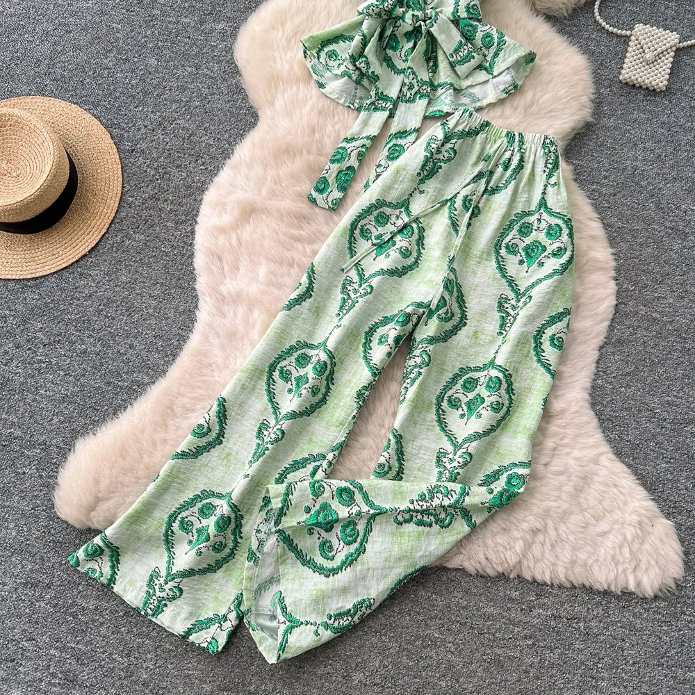 Boho Print Lace-Up Tank Top and Wide-Leg Pants Set for Women