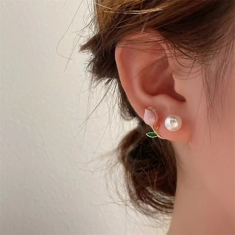 Pearl Tulip Enamel Stud Earrings With Zircon Drops for Women
