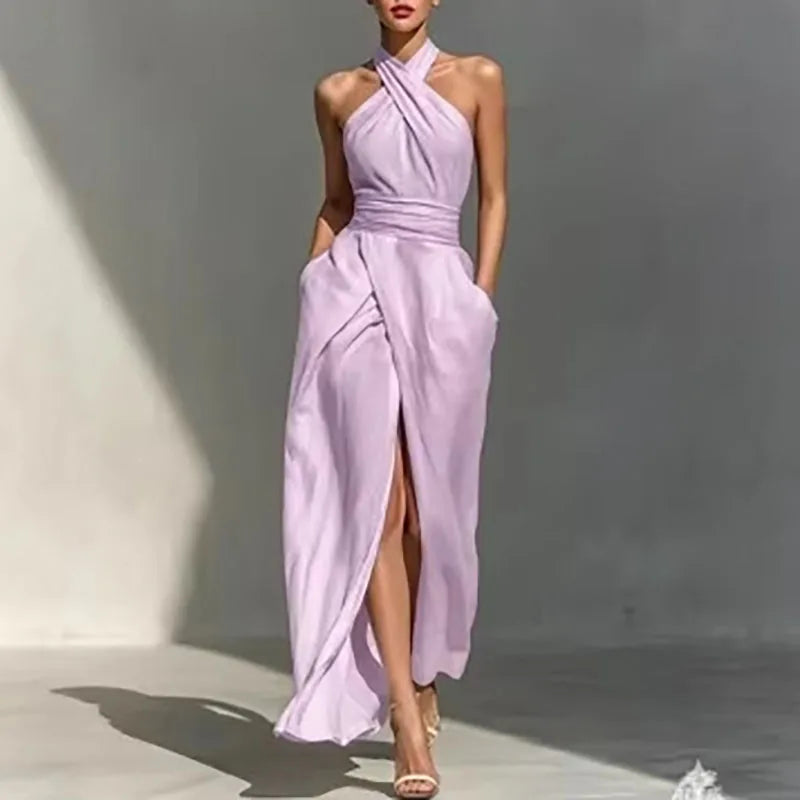 Criss Cross Halter Ruched Slit Maxi Dress for Women