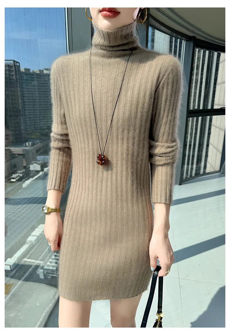 High Neck Slim Fit Stretch Knit Mini Dress for Women