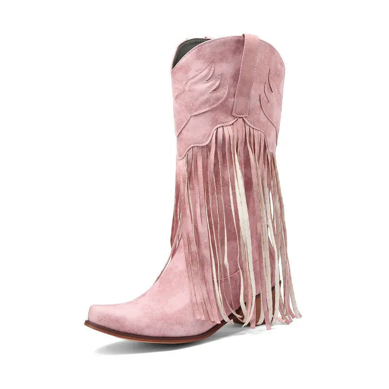 Retro Western Style Mid Calf Boots With Block Heel Tassels For Women