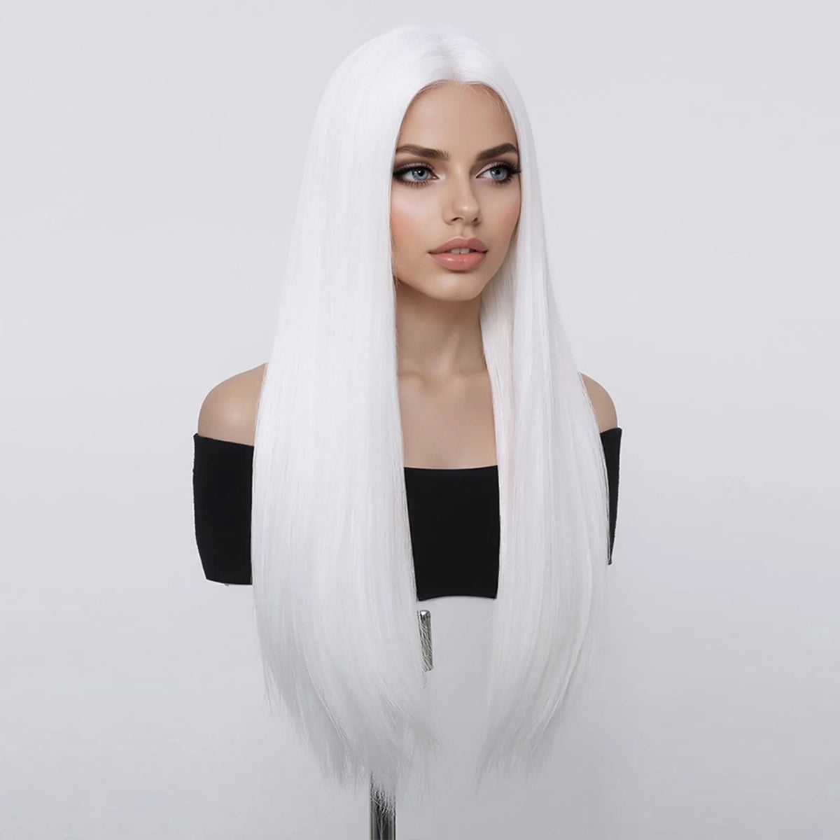 Long Straight White Synthetic Wig With Center Part for Women